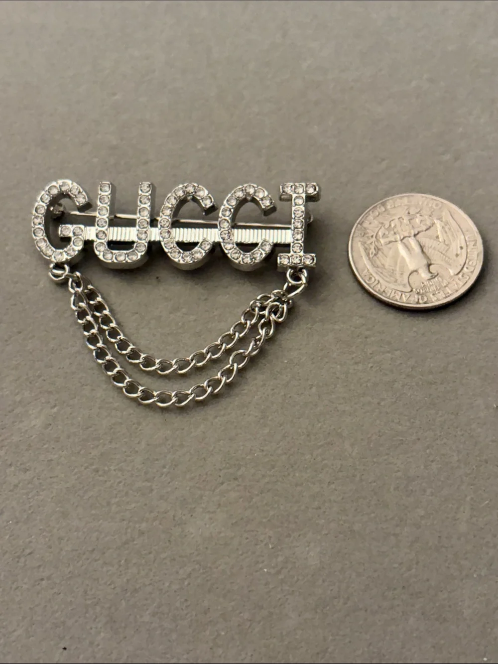 Silver Crystal Logo Brooch with Chain